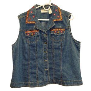 ALFRED DUNNER Jean Vest SZ 16p Embellished boho hippie retro 70's coastalgrandma